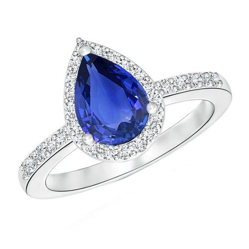 Halo Diamond Blue Sapphire Teardrop Style Ring With Accents 5.50 Carat - Gemstone Ring-harrychadent.ca