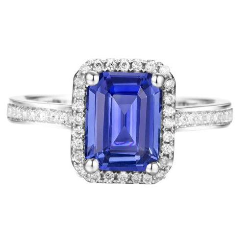 Halo Diamond Blue Sapphire Wedding Ring Emerald Cut 3.50 Carats Gold - Gemstone Ring-harrychadent.ca