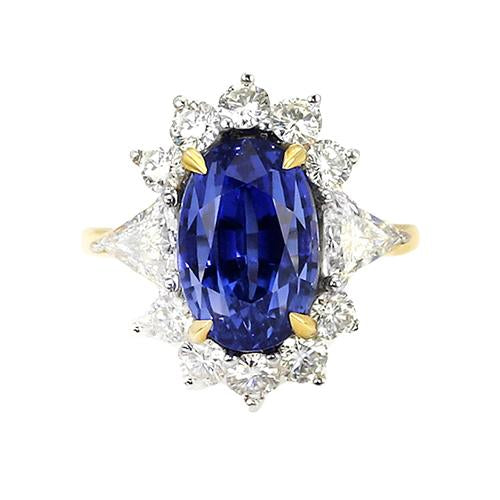 Halo Diamond Ceylon Sapphire Ring 4.25 Carats Two Tone Sunburst Style - Gemstone Ring-harrychadent.ca