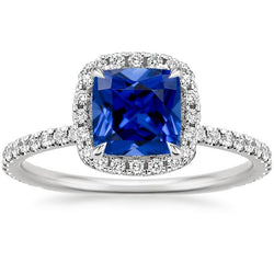 Halo Natural Earth Mined Diamond Ceylon Sapphire With Accents Ring 3.25 Carats Gold 14K