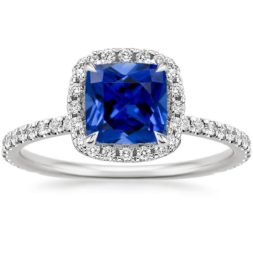 Halo Diamond Ceylon Sapphire With Accents Ring 3.25 Carats Gold 14K - Gemstone Ring-harrychadent.ca