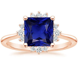 Halo Natural Earth Mined Diamond Engagement Ring 6 Carats Princess Blue Sapphire Rose Gold