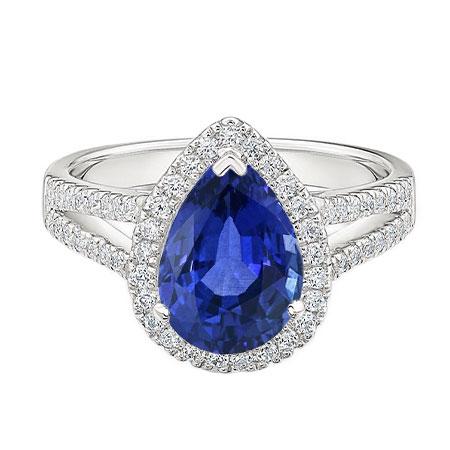 Halo Diamond Engagement Ring Pear Ceylon Sapphire Split Shank 4 Carats - Gemstone Ring-harrychadent.ca