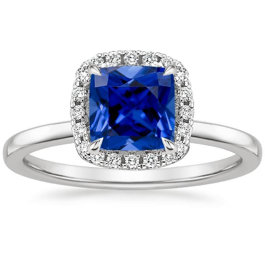 Halo Diamond Engagement Ring Prong Set Blue Sapphire Gold 2.75 Carats - Gemstone Ring-harrychadent.ca