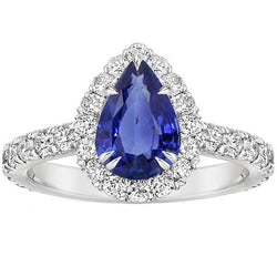 Halo Natural Earth Mined Diamond Gemstone Ring Pear Ceylon Sapphire Claw Prong Set 6 Carat