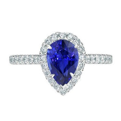 Halo Natural Earth Mined Diamond Jewelry Pear Blue Sapphire Ring 4 Carats White Gold 14K