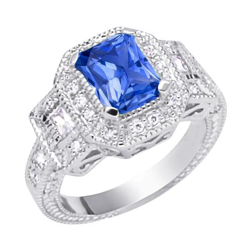 Halo Diamond Radiant Sapphire Ring 2.50 Carats Vintage Style Baguettes - Gemstone Ring-harrychadent.ca