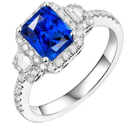 Halo Natural Earth Mined Diamond Ring 3 Stone Style Blue Sapphire With Accents 4.50 Carats