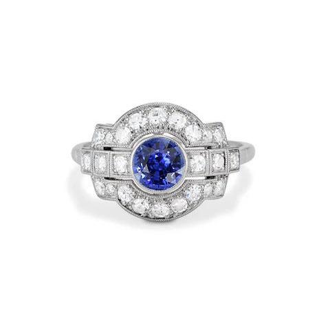 Halo Diamond Ring Bezel Set Ceylon Sapphire 2.50 Carats Milgrain Shank - Gemstone Ring-harrychadent.ca