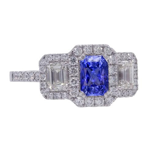 Halo Diamond Ring Deep Blue Sapphire Emerald & Round Accents 3 Carats - Gemstone Ring-harrychadent.ca