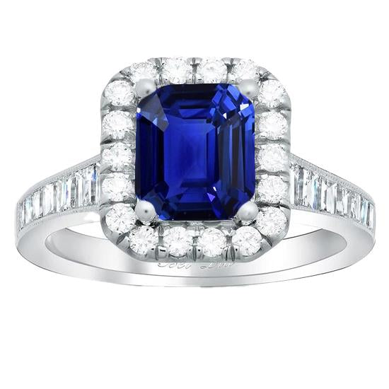 Halo Diamond Ring Emerald Blue Sapphire Jewelry 3 Carats Channel Set - Gemstone Ring-harrychadent.ca