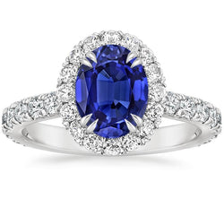 Halo Natural Earth Mined Diamond Ring Oval Deep Blue Sapphire Claw Prong Set 6.50 Carats
