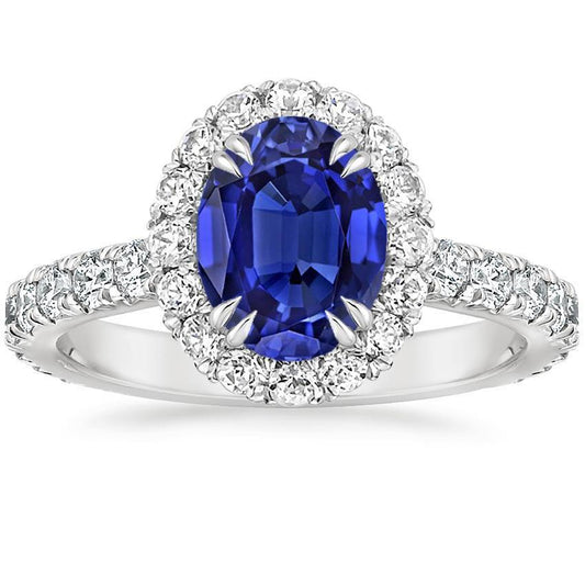 Halo Diamond Ring Oval Deep Blue Sapphire Claw Prong Set 6.50 Carats - Gemstone Ring-harrychadent.ca