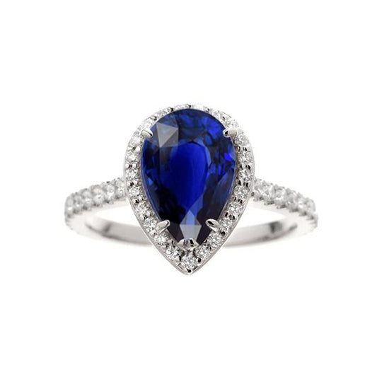 Halo Diamond Ring Pear Cut Sri Lankan Sapphire 3.25 Carats - Gemstone Ring-harrychadent.ca