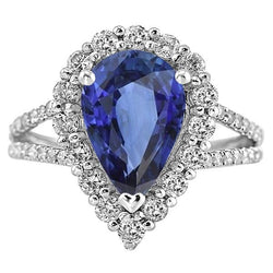 Halo Diamond Ring Pear Sri Lankan Sapphire 5.50 Carats Split Shank