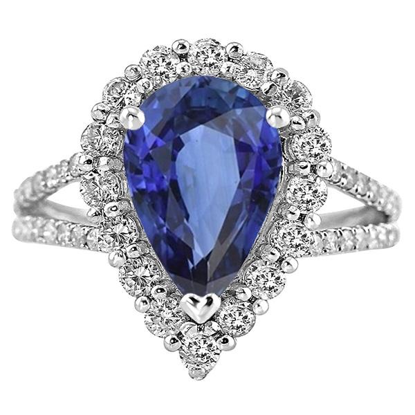 Halo Diamond Ring Pear Sri Lankan Sapphire 5.50 Carats Split Shank - Gemstone Ring-harrychadent.ca