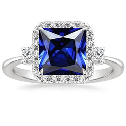 Halo Diamond Ring Princess Blue Sapphire Center 6 Carats White Gold