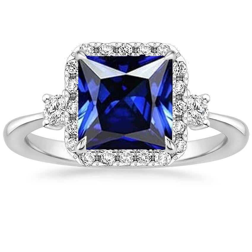 Halo Diamond Ring Princess Blue Sapphire Center 6 Carats White Gold - Gemstone Ring-harrychadent.ca