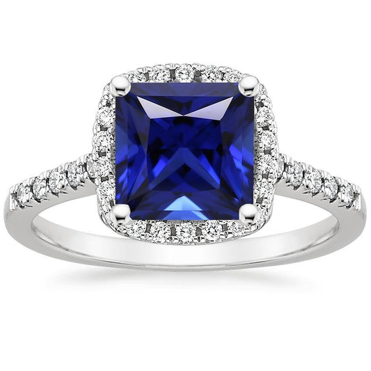 Halo Diamond Ring Princess Blue Sapphire With Accents 6 Carat Gold 14K - Gemstone Ring-harrychadent.ca