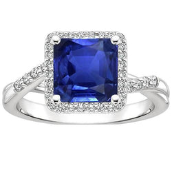 Halo Natural Earth Mined Diamond Ring Square Shape Ceylon Blue Sapphire Center 4 Carats