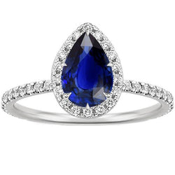 Halo Natural Earth Mined Diamond Ring Teardrop Style Blue Sapphire With Accents 5.50 Carat