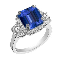 Halo Natural Earth Mined Diamond Ring Trapezoid & Round Accents 4 Carats Deep Blue Sapphire