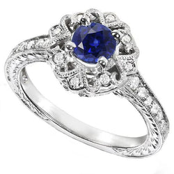 Halo Natural Earth Mined Diamond Ring Vintage Style Sapphire 3 Carats Filigree Flower Style