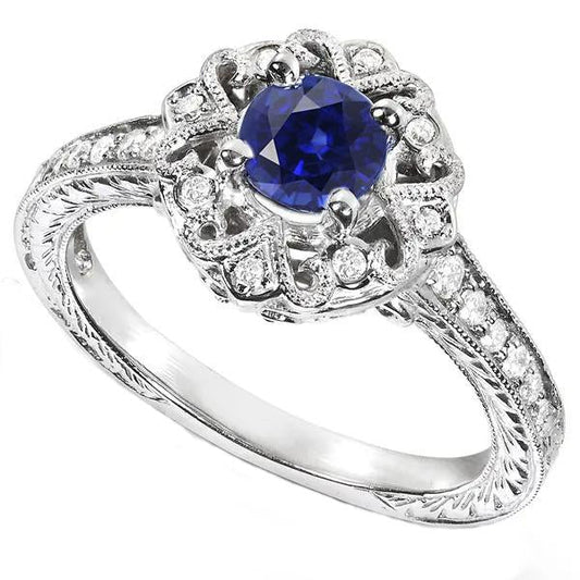 Halo Diamond Ring Vintage Style Sapphire 3 Carat Filigree Flower Style - Gemstone Ring-harrychadent.ca