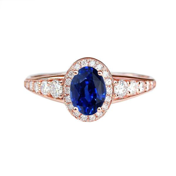 Halo Diamond Sapphire Anniversary Ring Oval Cut Sri Lankan 3.50 Carats - Gemstone Ring-harrychadent.ca