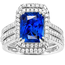 Halo Diamond Sapphire Engagement Wedding Ring Set With Jacket 5 Carats