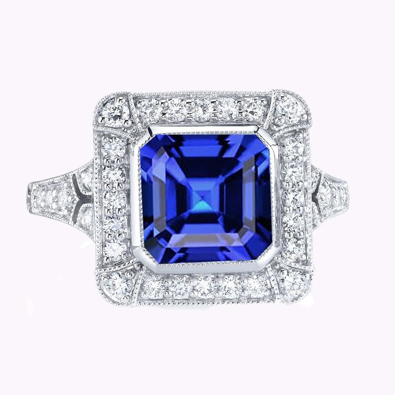 Halo Diamond Sapphire Ring Asscher Bezel Set Milgrain Shank 4 Carats - Gemstone Ring-harrychadent.ca