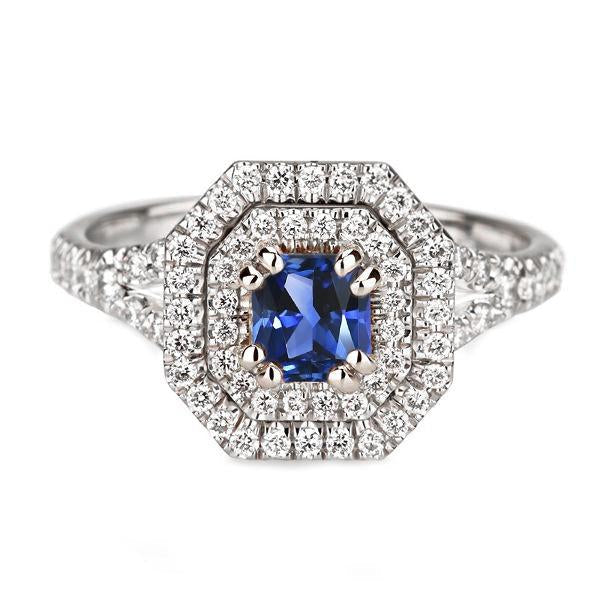 Halo Diamond Sapphire Ring Asscher Cut Gold Split Shank 3.50 Carats - Gemstone Ring-harrychadent.ca