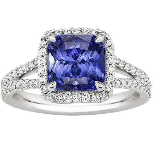 Halo Diamond Srilankan Sapphire Engagement Ring Split Shank 4 Carats - Gemstone Ring-harrychadent.ca