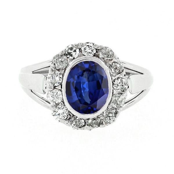 Halo Diamond Wedding Ring Oval Ceylon Sapphire Bezel Set 4.50 Carats - Gemstone Ring-harrychadent.ca