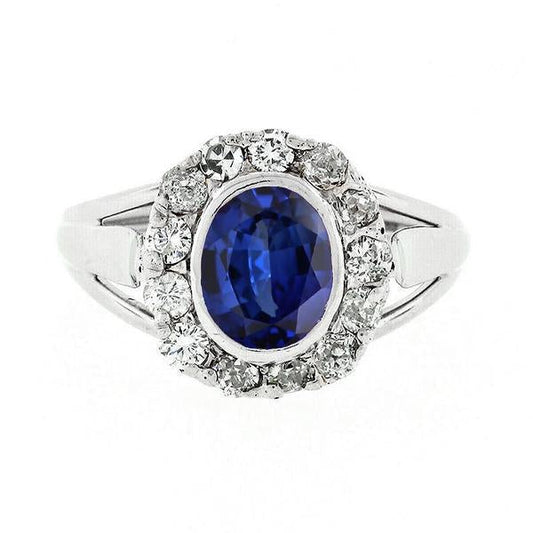 Halo Diamond Wedding Ring Oval Ceylon Sapphire Bezel Set 4.50 Carats - Gemstone Ring-harrychadent.ca