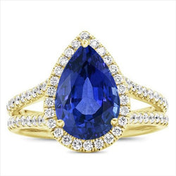 Halo Natural Earth Mined Diamonds Ring & Sri Lanka Pear Sapphire 8 Carats Split Shank