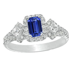 Halo Emerald Blue Sapphire Ring 3 Stone Style & Natural Earth Mined Diamonds 4 Carats