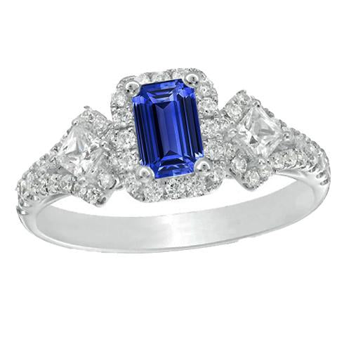 Halo Emerald Blue Sapphire Ring 3 Stone Style & Diamonds 4 Carats - Gemstone Ring-harrychadent.ca