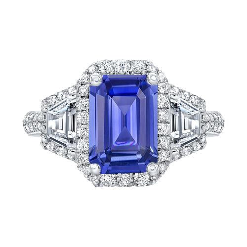 Halo Emerald Blue Sapphire Ring 4.50 Carats Trapezoid & Round Diamonds - Gemstone Ring-harrychadent.ca