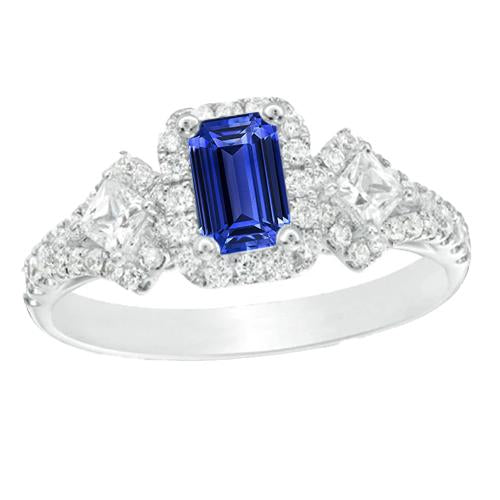 Halo Emerald Blue Sapphire Ring Princess & Round Diamonds 3.50 Carats - Gemstone Ring-harrychadent.ca