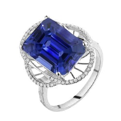 Halo Emerald Blue Sapphire Ring & Round Diamonds 4 Carats