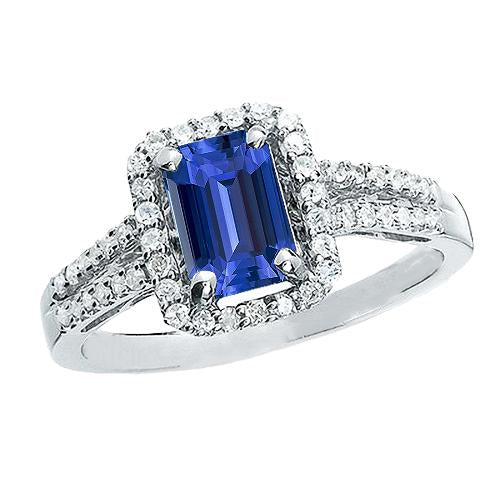Halo Emerald Cut Ceylon Sapphire Ring Split Shank Diamond 4 Carats - Gemstone Ring-harrychadent.ca