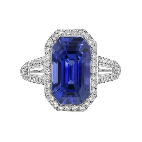 Halo Emerald Sapphire Ring With Round & Baguette Diamonds 4 Carats - Gemstone Ring-harrychadent.ca