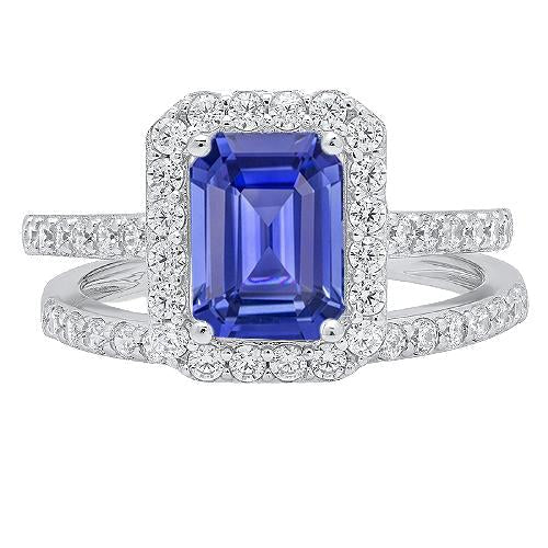 Halo Emerald Sapphire Wedding Ring Set 4.50 Carats White Gold Jewelry - Gemstone Ring-harrychadent.ca