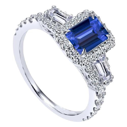 Halo Emerald Wedding Ring Blue Sapphire Baguette Diamonds 3.50 Carats - Gemstone Ring-harrychadent.ca