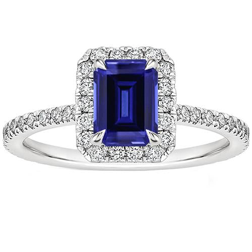 Halo Engagement Ring Emerald Cut Ceylon Sapphire & Diamond 4.25 Carats - Gemstone Ring-harrychadent.ca