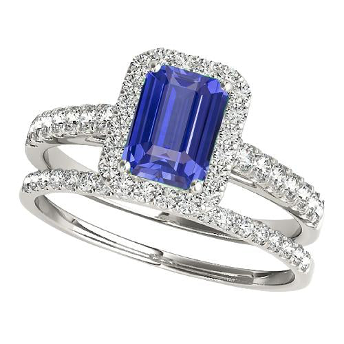 Halo Engagement Ring Set Emerald Blue Sapphire With Gold Band 4 Carats - Gemstone Ring-harrychadent.ca