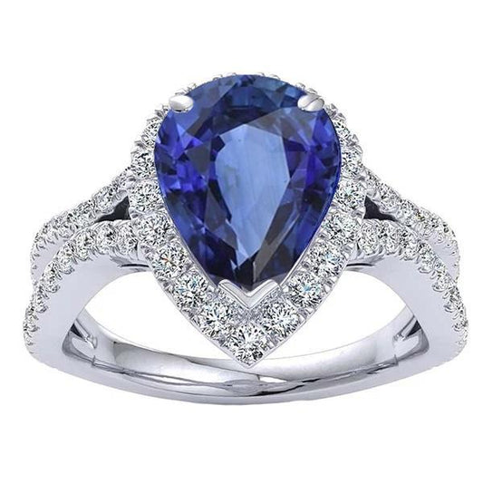 Halo Engagement Ring Split Shank Blue Sapphire & Diamonds 6.50 Carats - Gemstone Ring-harrychadent.ca