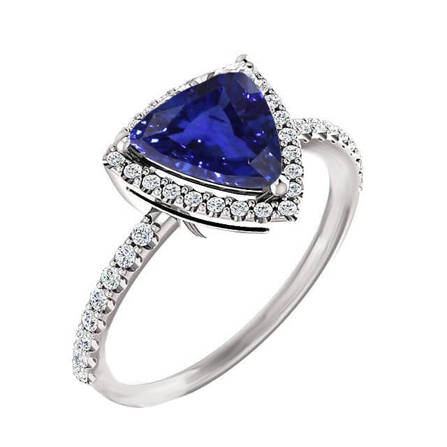 Halo Engagement Ring Trillion Ceylon Sapphire & Diamonds 3 Carats - Gemstone Ring-harrychadent.ca