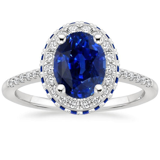 Halo Gemstone Oval Ring Blue Sapphire & Diamond Accents 4.50 Carats - Gemstone Ring-harrychadent.ca